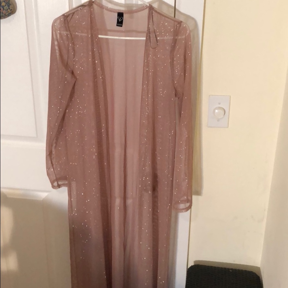 glittery  Rose Gold Sheer Knit Maxi Cardigan